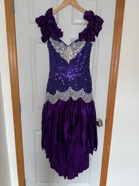 Vintage Prom Purple Sequin Ruffled Dress with Silver Appliqué